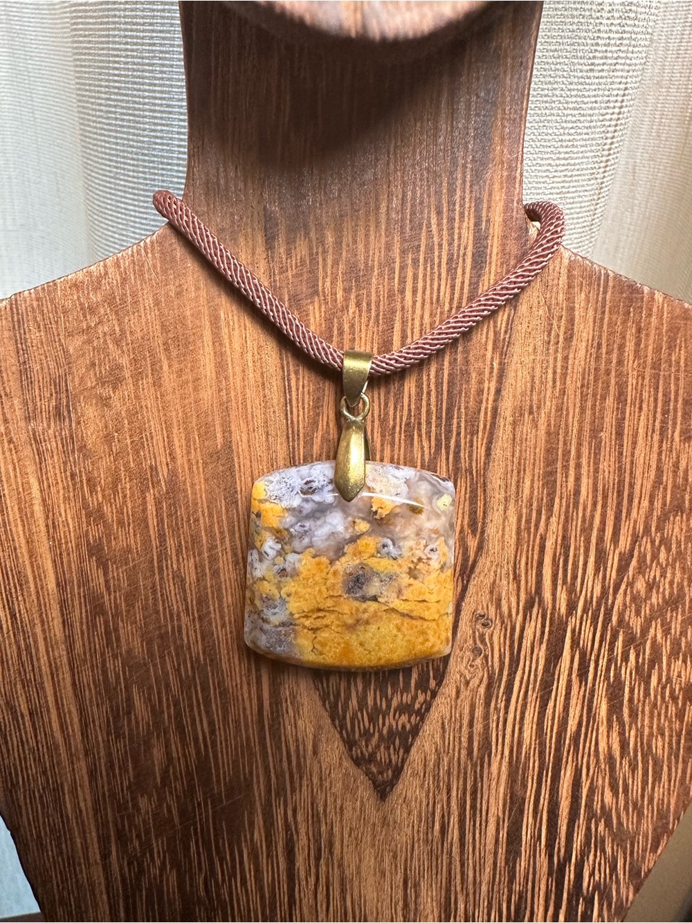 Unique Square Yellow Jasper Pendant Necklace on Brown Rope - Picture 3 of 14
